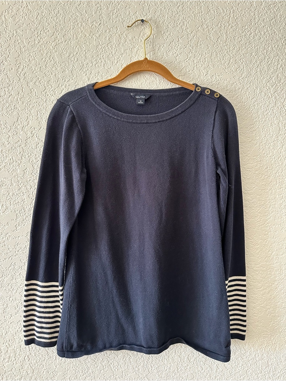 Nautica Navy Long-Sleeve Top with Striped Cuffs and Shoulder Buttons